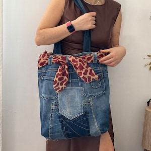 Casual Medium Denim Bag With Leopard Print Scarf, Upcycled Jean Bag, Patchwork Tote Bag, Recycled Shopping Bag, Jeans Shoulder Bag