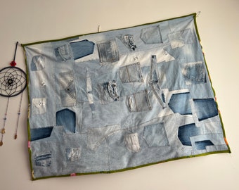 Upcycled Denim Patchwork Quilt: Eco-Friendly Fleece Throw