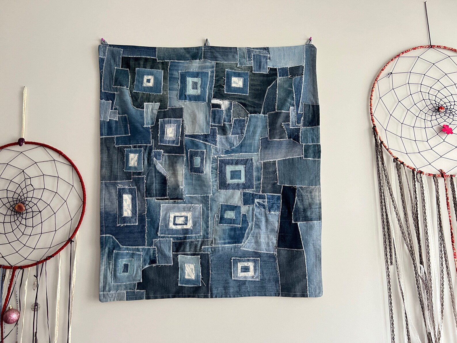 Modern Denim Quilt Patchwork Wall Hanging, Can Be Used as A Small Rug