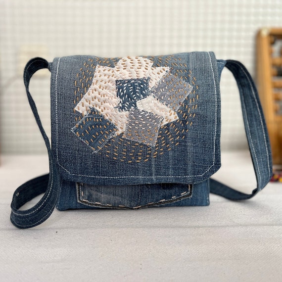 Handmade Denim Messenger Bag: Patchwork Boro Sashiko Crossbody - Etsy