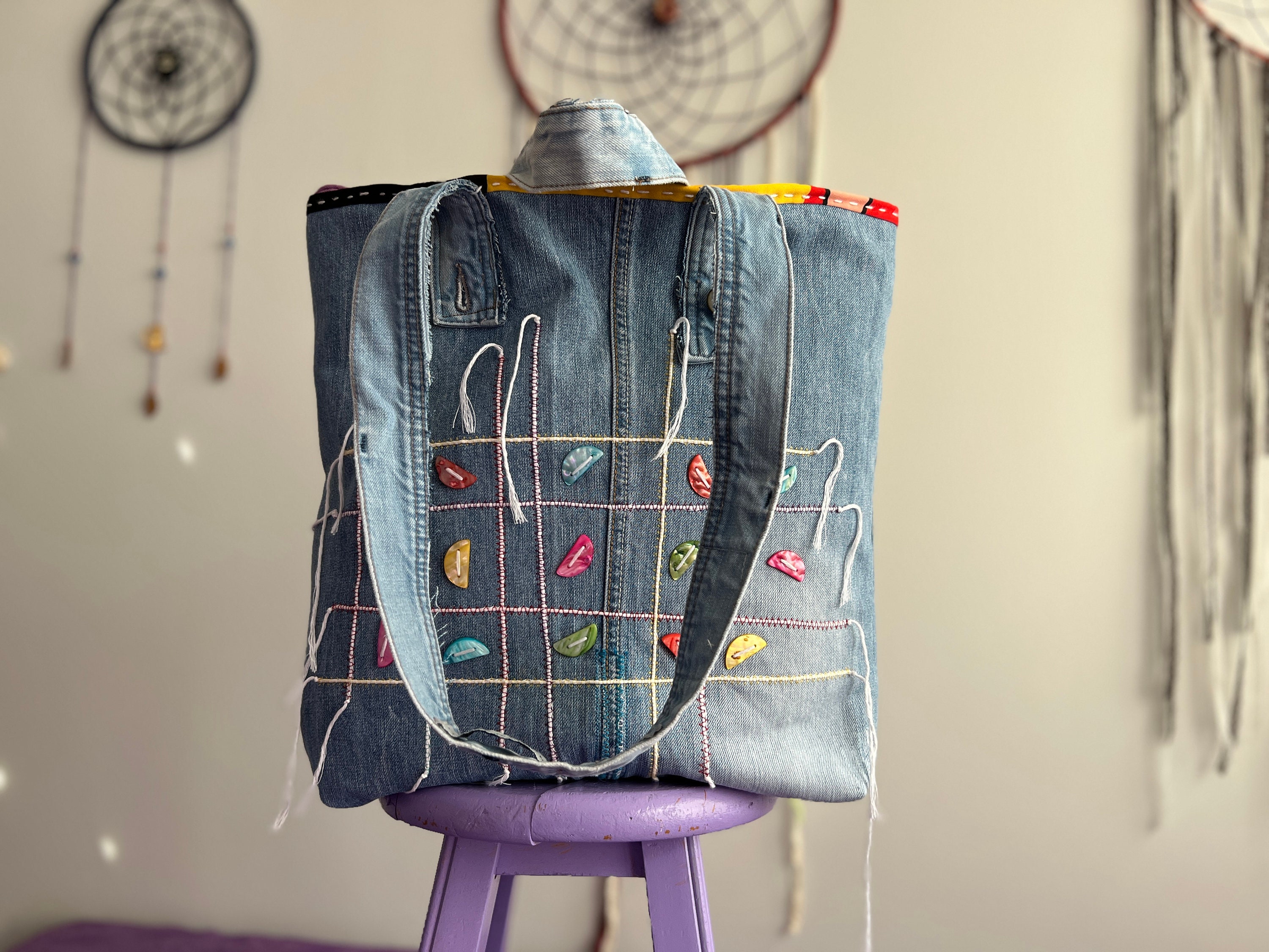 トートバッグ XXL DENIM SHOPPING BAG XXL Denim Rainbow Tote Bag - Handmade Upcycled Blue Jeans