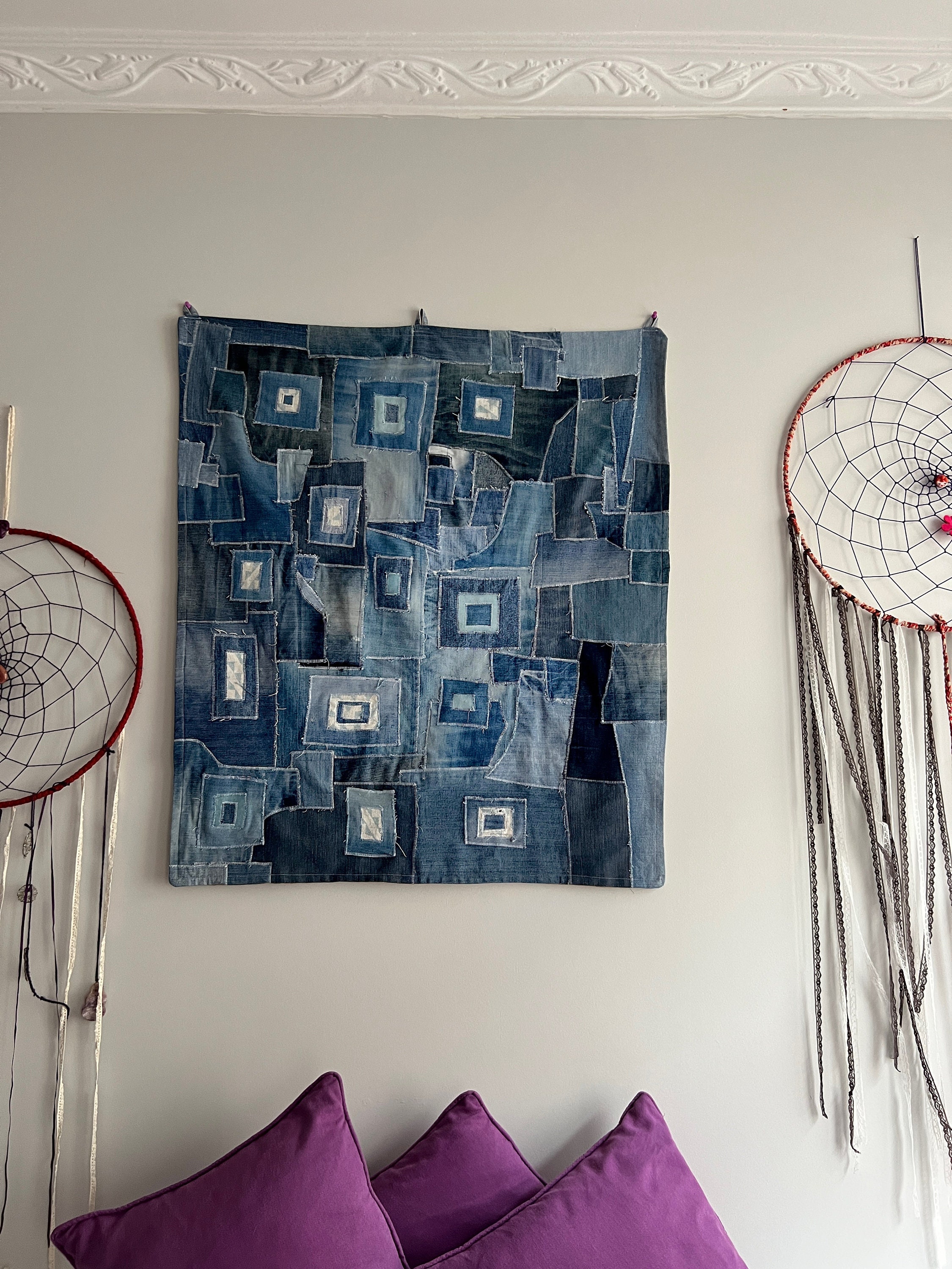Modern Denim Quilt Patchwork Wall Hanging, Can Be Used as A Small Rug