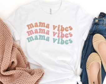 Mama Vibes, Retro Wave Tee, Cute Womens T-Shirt, Script Shirt, Mom Tee, Mom Gift, Gift for Mama, Mama Tee