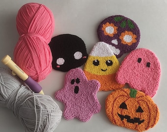 Handmade Halloween Punch Needle Coaster, Spooky Mug Rug