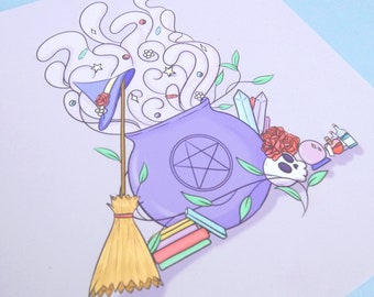 Pastel Witch Art Print l Adorable witch poster l pastel wall decor l kawaii art print l poster.