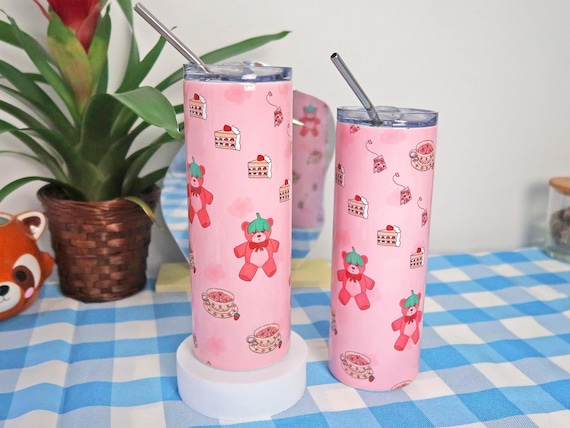 Strawberry Tea Party Tumbler ~ Cute Handmade Strawberry Cups ~ Pink Tumblers ~ Kawaii To Go Cups ~ Stainless Steel Tumblers ~ 20oz Tumblers.