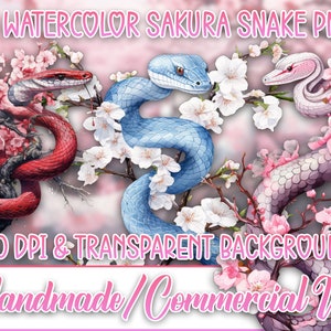 30 Floral Sakura Snake Watercolor with Flowers PNG Bundle Pack- Sakura Snake Flower Artwork, Transparent Backgrounds, Commercial Use, 300DPI