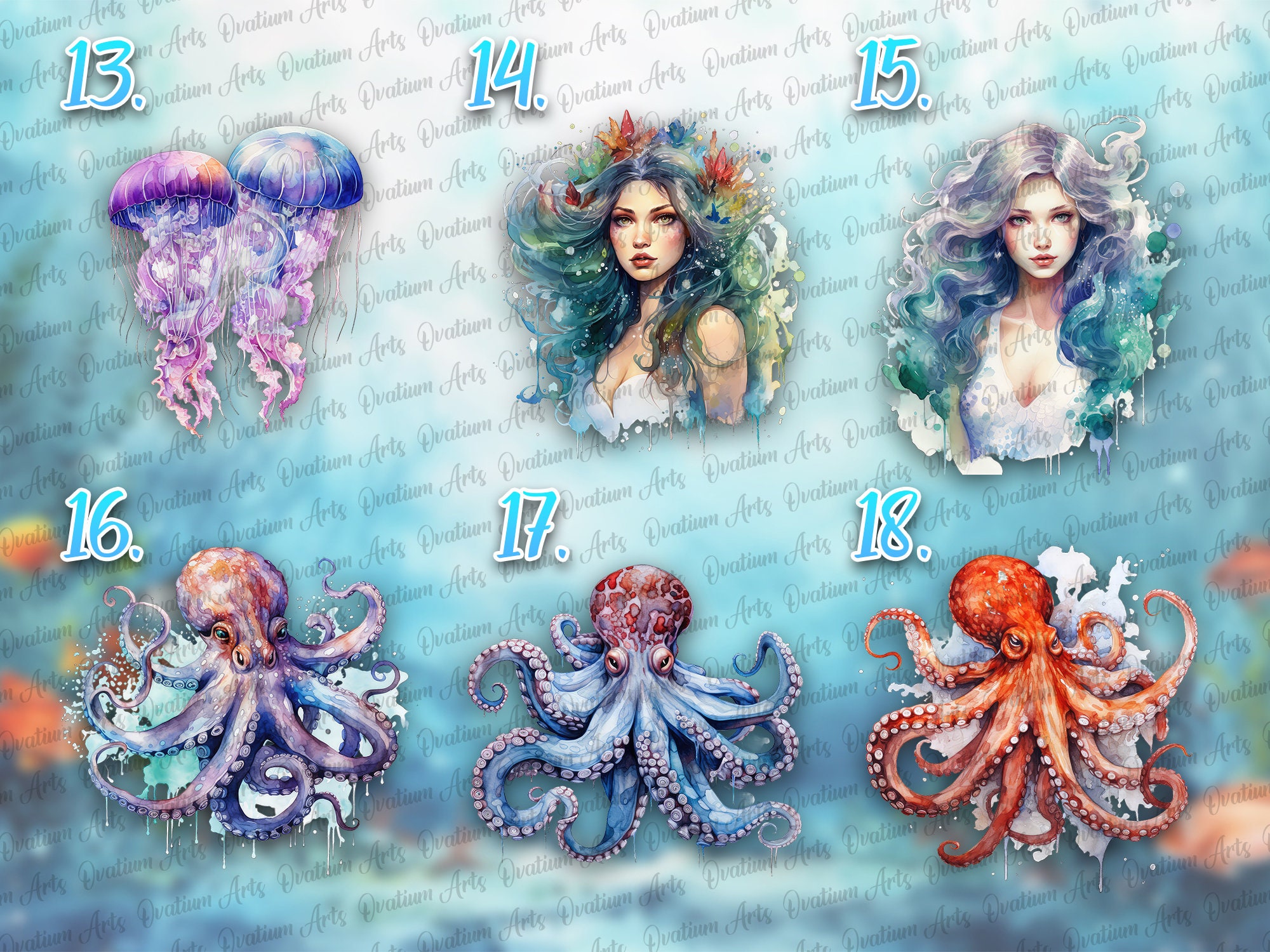 30 Watercolor Sea Creatures Underwater Clipart PNG Bundle Printable for ...
