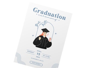 Invitación de graduación ilustrada en blanco azul / Invitación editable de graduación / Anuncio de graduación / Fiesta de graduación / Descarga instantánea