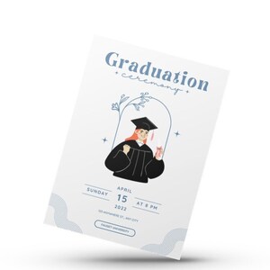 Invito di laurea illustrato bianco blu / Invito modificabile di laurea / Annuncio di laurea / Festa di laurea / Download istantaneo