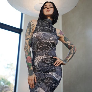 Dragon's embrace bodycon sheer mesh dress, revealing see through dress, serpent,snake
