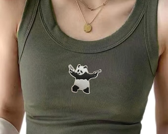 Triggered Panda women's tank top, army green, bad ass top, embroidery