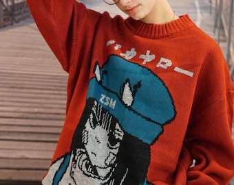 Anime roter hochwertiger Baumwollpullover, Oversize-Passform, dicker und weicher Stoff, wunderschöner Wandteppich