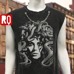 Medusa sleeveless wash and distressed shirt, attached metallic necklace, Y2k fashion