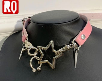 Punk Hollow Star leathers Necklace, gothic choker, 2023 trends jewelry, grunge y2k style