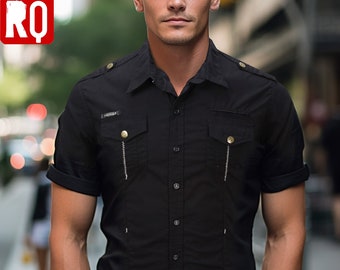 Sharp and stylish black button up shirt, short sleeves pockets and shoulder straps