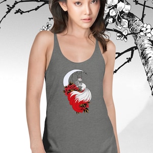 Kitsune Women&#39;s Racerback Tank Yoga top with Japanese aesthetics cute sleeping fox print