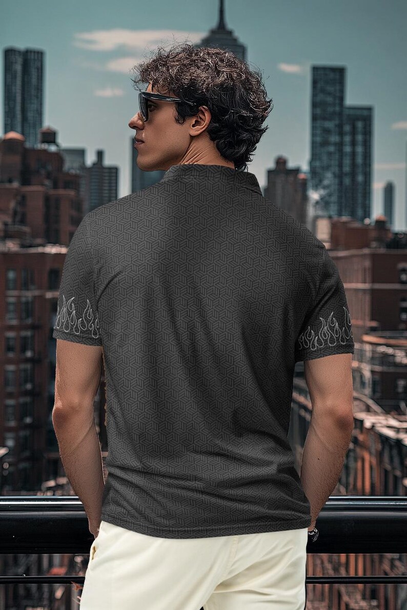 cool shirt, featuring a subtle geometric pattern and fierce flame details on the sleeves. This design isn’t just about looks; it’s a statement of understated rebellion and bold style.