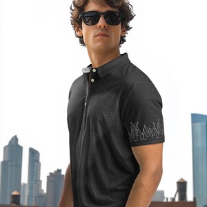 men’s casual black t-shirt designed for those who love unique streetwear fashion. Featuring an eye-catching geometric pattern and flame sleeve detail, combines style and comfort, making it the perfect choice for everyday wear or a night out.