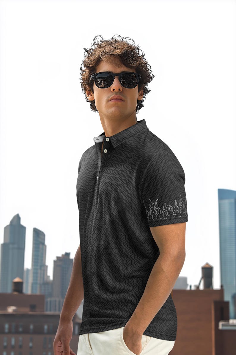 men’s casual black t-shirt designed for those who love unique streetwear fashion. Featuring an eye-catching geometric pattern and flame sleeve detail, combines style and comfort, making it the perfect choice for everyday wear or a night out.