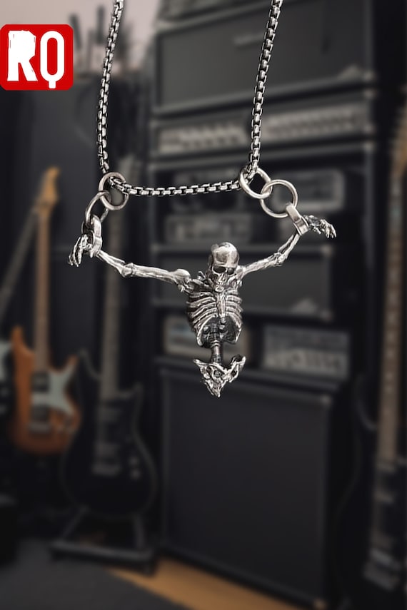 Hang skeleton necklace, goth style, metal fans, dungeons and dragons players necklace