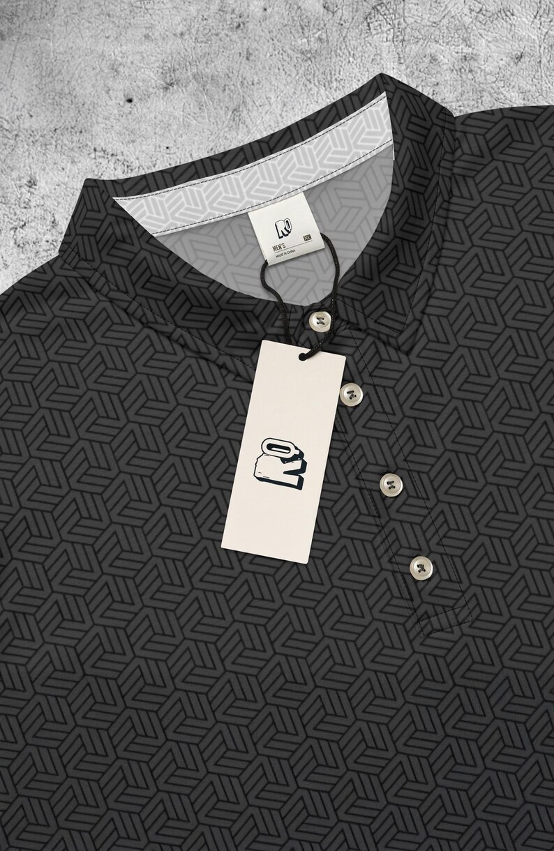 May include: Black polo shirt with a geometric pattern and a white tag with a logo. The tag says "M.N.K.2" and "Made in China".