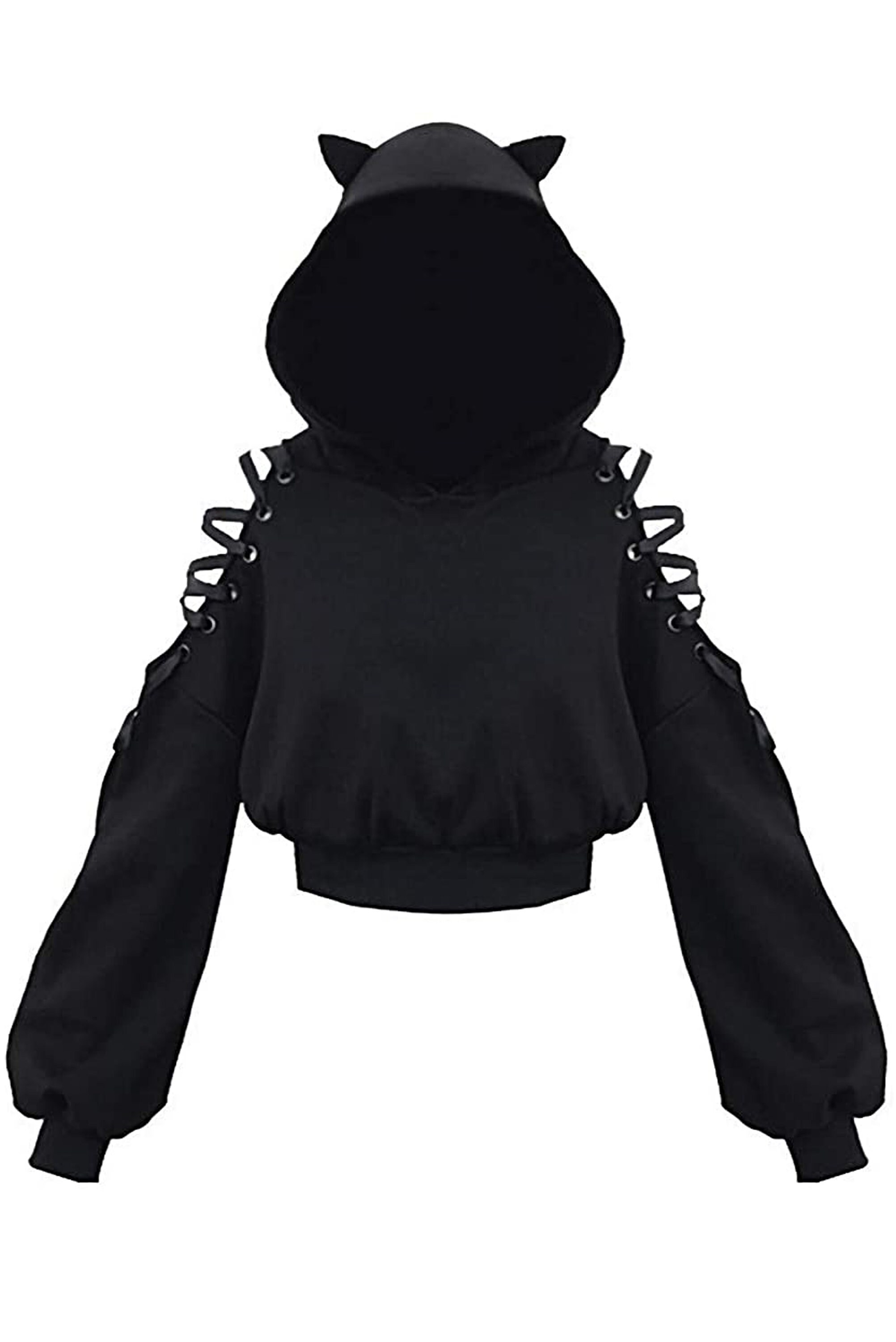 Cat Ears Black Cropped Hoodie With Open Shoulders Lace Up Etsy