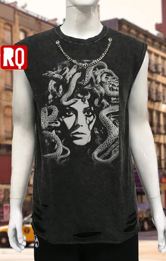 Medusa sleeveless wash and distressed shirt, attached metallic necklace, Y2k fashion