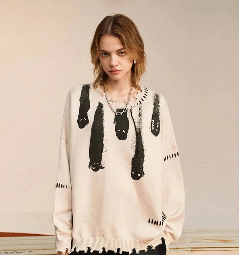 Ghosts distressed sweater, high quality cotton sweater, Y2K grunge street style image 4