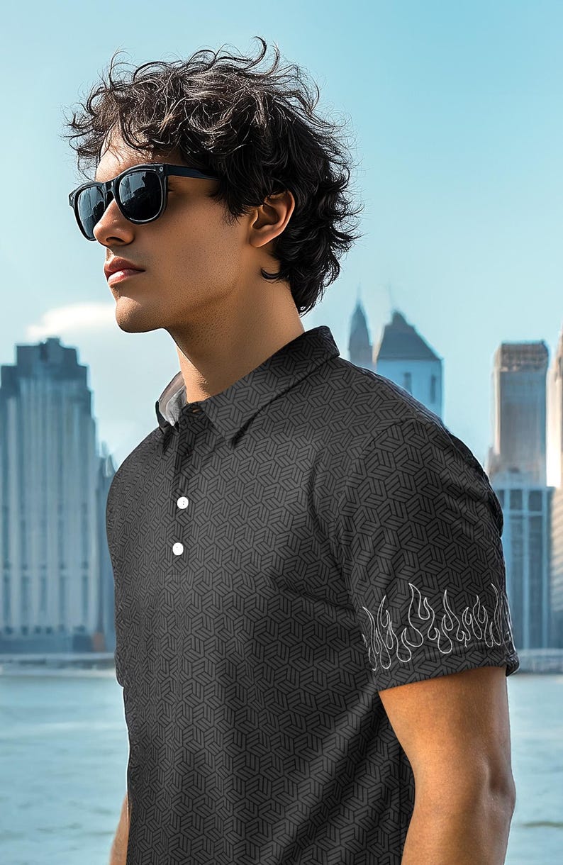 men's polo shirt with stylish graphic fire design on the sleeves and a dark gray geometric pattern. cool polo shirt, stylish polo, beautiful shirt
