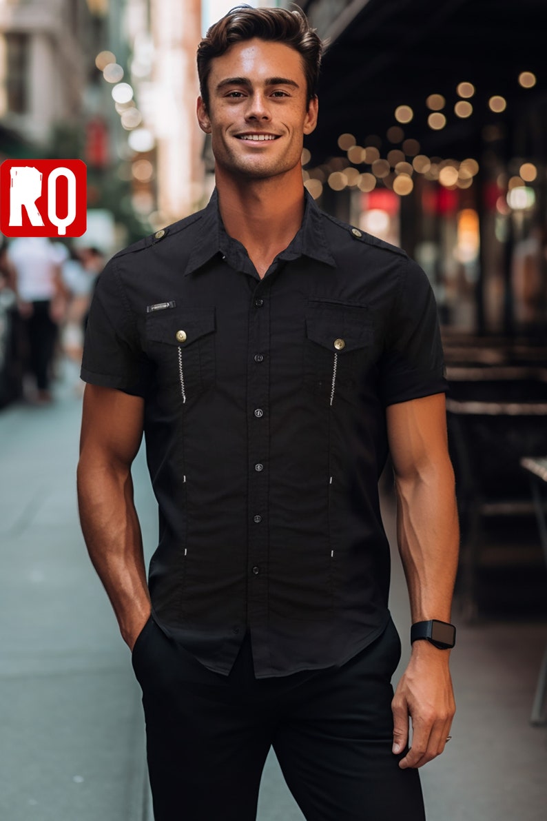 Black short sleeve button up shirt with chest pockets … XL