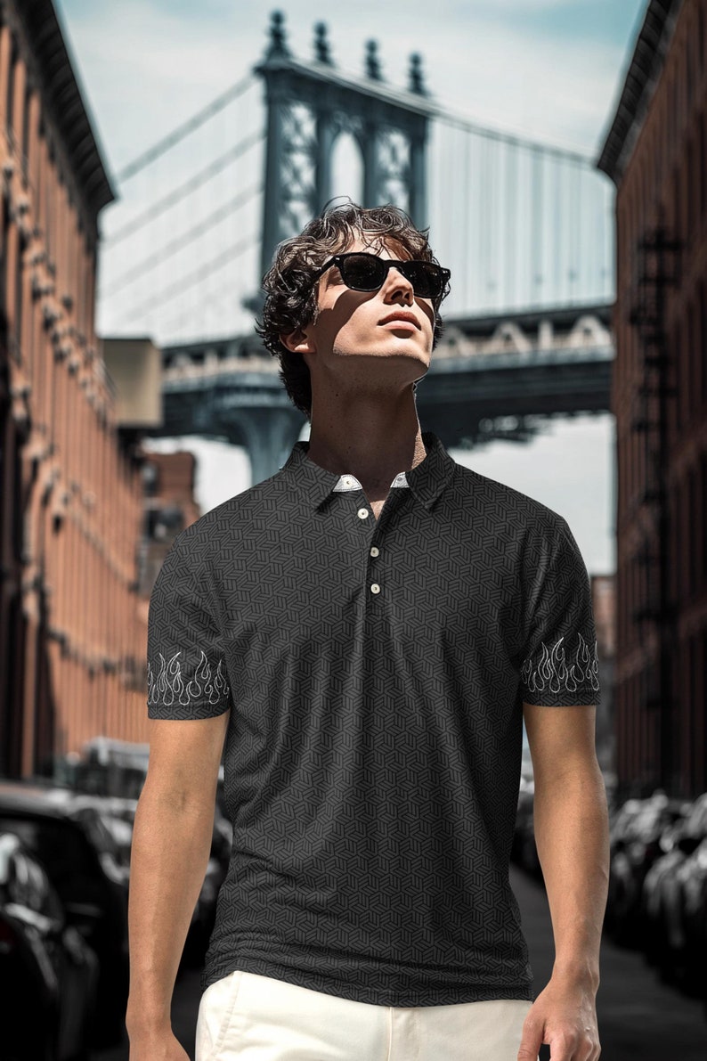 men's polo shirt with stylish graphic fire design on the sleeves and a dark gray geometric pattern