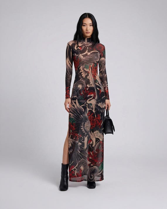 black crane mesh dress Japanese Crane Mesh Bodycon Dress