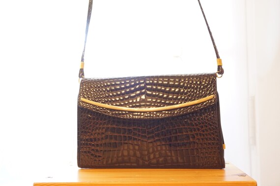 Vintage Bidente Crocodile Crossbody Purse Gold Ac… - image 1