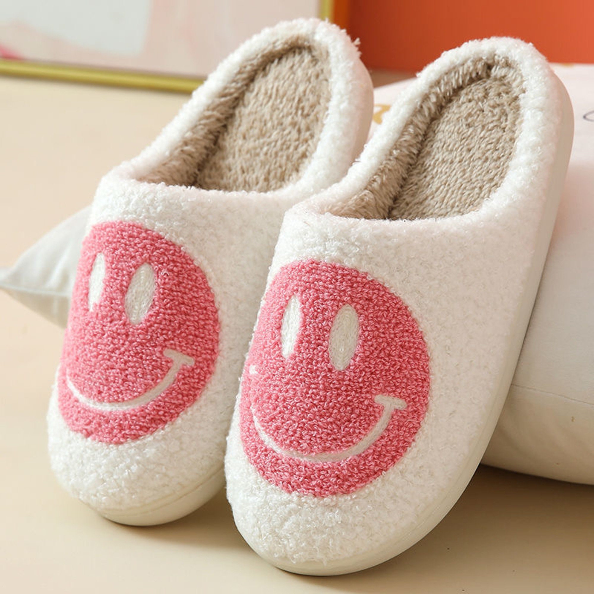 Happy Face Fluffy Slippers Women's Men's Cute Non - Etsy