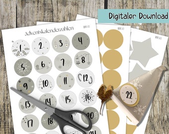 Print out Advent calendar numbers yourself 40 mm - template Advent calendar decoration white taupe gray mustard yellow - numbers - DIY - pdf download
