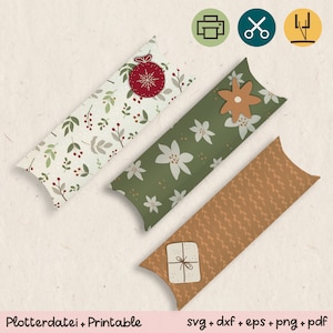 Elongated gift box pillowbox -3 floral templates Christmas -gift packaging small items - SVG DXF EPS plotter file 2360 cutfile