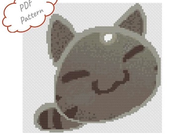 Könnte beinhalten: Ein PDF-Muster zum Kreuzstich eines niedlichen grauen Katers mit einem Augenzwinkern. Die Katze ist in einem einfachen, cartoonartigen Stil auf weißem Hintergrund.