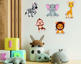 May include: A set of six colorful animal wall decals featuring a zebra, elephant, giraffe, monkey, lion, and a brown bear. The decals are perfect for adding a touch of whimsy to a child's room.