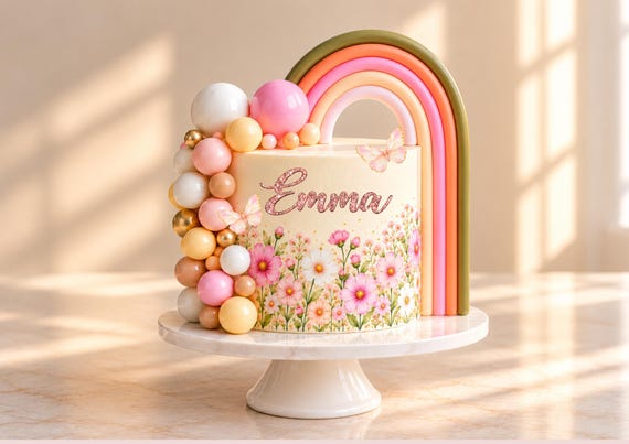 Rainbow Cake Topper Decoration Bundle Personalised Birthday Cake Decorating Kit Pastel Foam Balls Edible Floral Icing Paper Butterflies