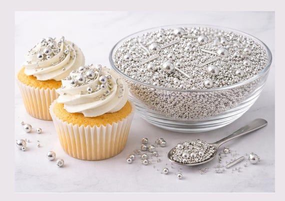 Metallic Silver Edible Sprinkles – Sugar Pearls Rods Mix Cupcake Cake Decorating Topping 50 HALAL