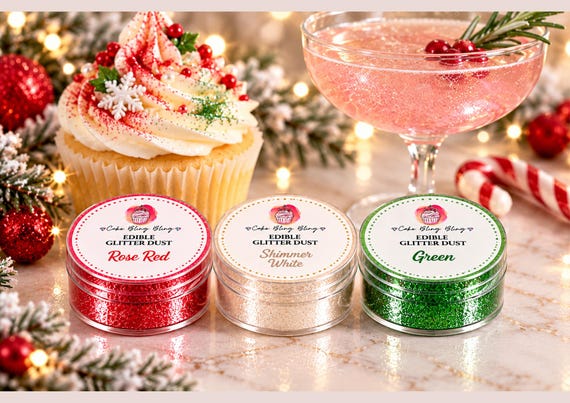 Edible Glitter Christmas Dust Set Candy Cane Red Green Shimmer White Cake Cupcake Cookie Decorating