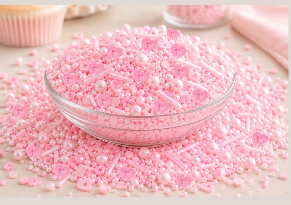 Pink  Edible Sprinkles Mix Pastel Pink Pearl Sprinkles Cupcake Decoration Baking Toppers Birthday Treats Sugar Pearls Rods Blend HALAL