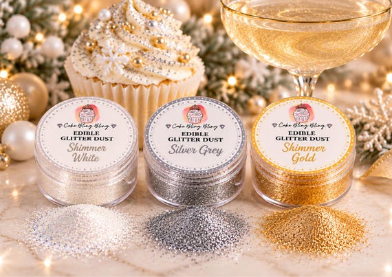Snowy Christmas Edible Glitter Trio White Silver Grey Gold Cake Decorating Dust Cupcake Cocktail Shimmer 3 x 4g