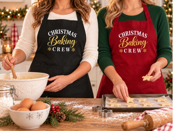 Christmas Baking Crew Apron Black or Red Festive Baking Apron Gift for Baker with Front Pocket
