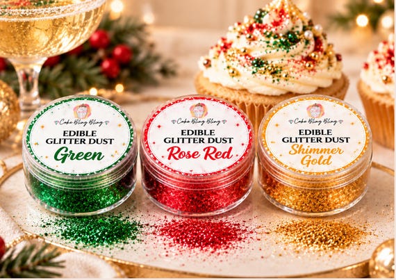 Christmas Edible Glitter Dust 3 Colour Pack 4g Jars Cake Cupcake Decoration Cocktail Drink Glitter