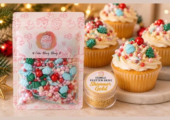 Christmas Baking Decorating Bundle Edible Sprinkles Shimmer Gold Glitter Dust Cupcake Cookie Decorating Set