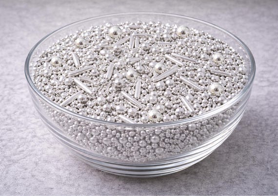 Metallic Silver Edible Sprinkles Sugar Pearls Rods Mix Cupcake Cake Decorating Topping 50 HALAL