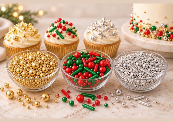 Christmas Cake Sprinkles Bundle Edible Gold Silver Red Green Sugar Pearls Cupcake Decorations 3 x 50g