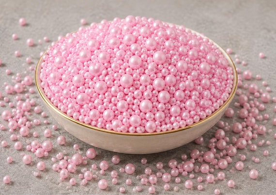 Pink Pearl Cake Decorations, Mixed Size Sugar Pearls for Cakes, Cupcakes, Birthdays, Baby Showers & Weddings, 50g HALAL